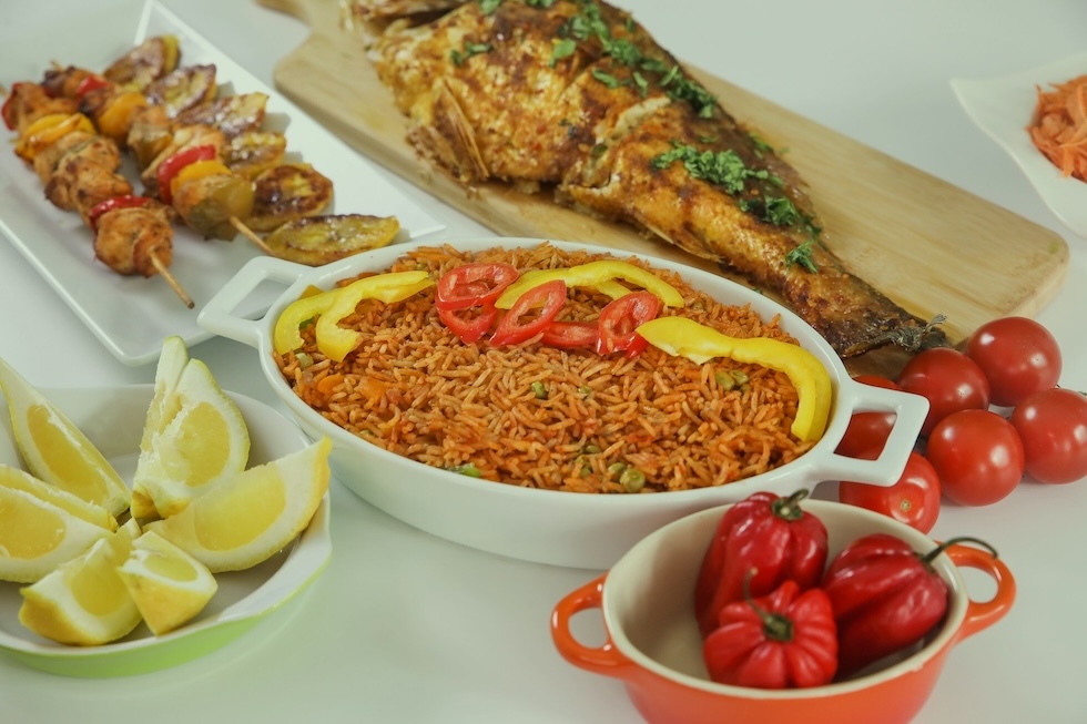 Gourmet Ghanaian Jollof rice plated with precision
